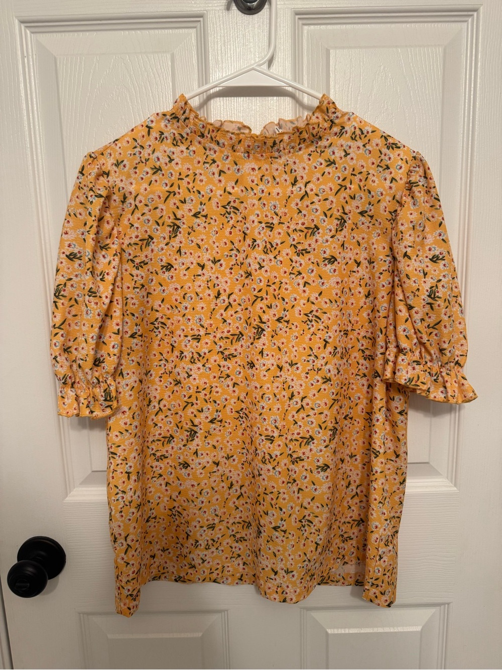 Yellow Floral Ruffle-Neck Puff Sleeve Blouse